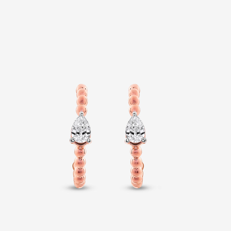 Pear hoop earrings with rose-gold beaded hoop and pear-cut clear stone drop, pair