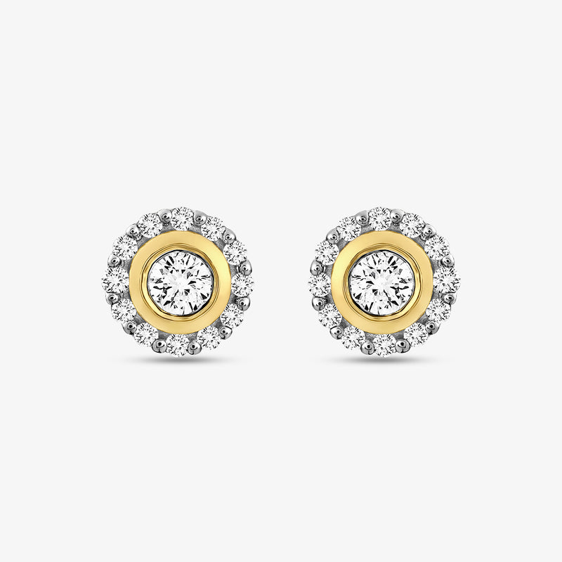 Keemti Jewels petite stud earrings: gold round center, silver halo with small stones