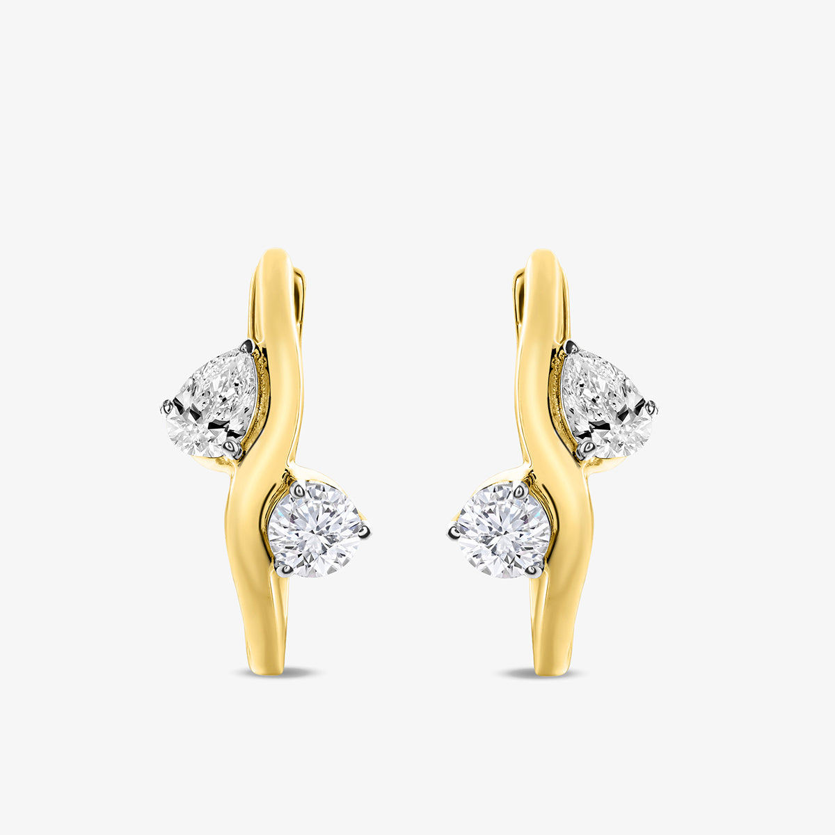 Keemti Jewels ORIA Glow Hoop Earrings: wavy gold hoops with two pear-shaped white gems, perfect for daily wear.