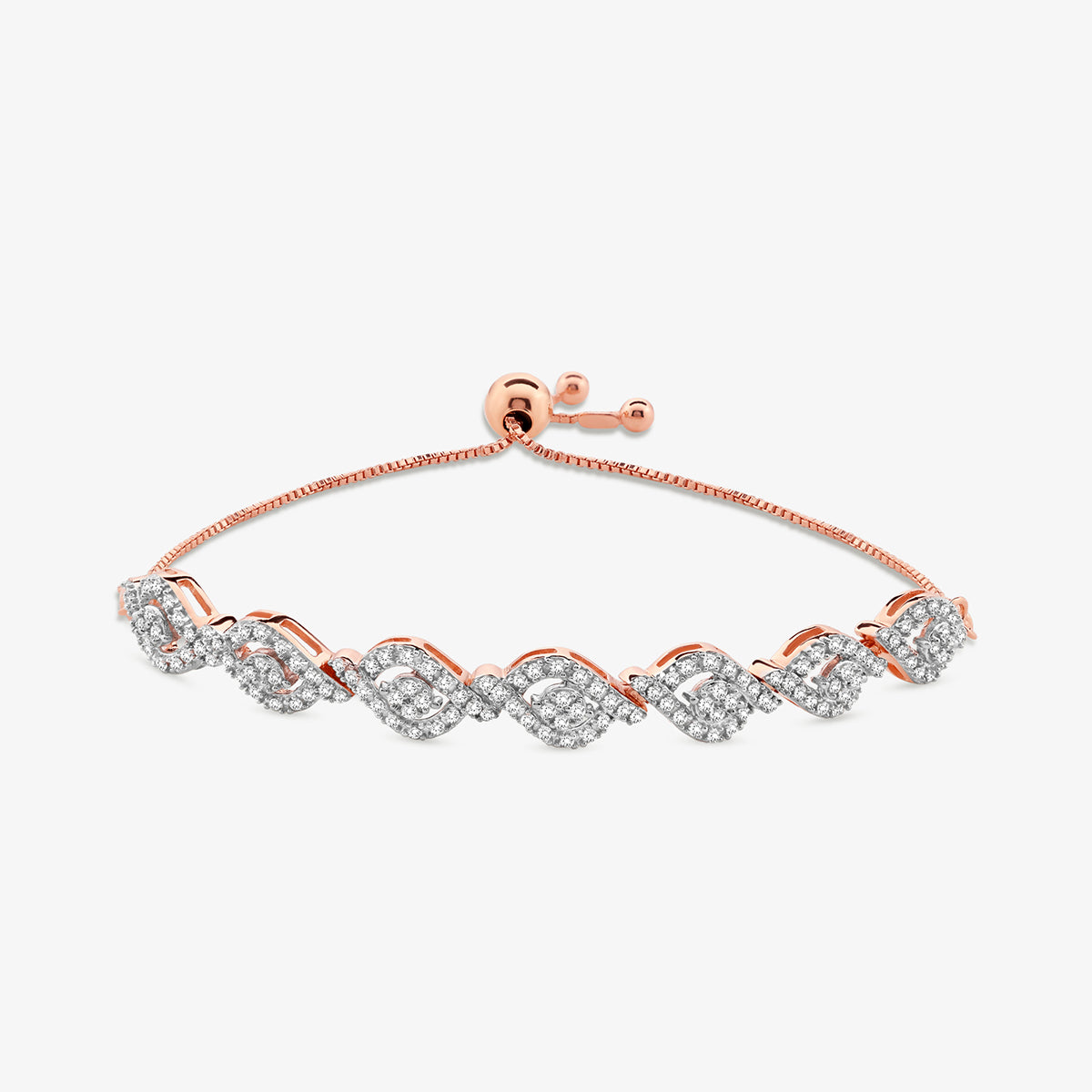 Keemti Jewels ADJUSTABLE Swirl Link BRACELET in rose gold with diamond clusters and sliding clasp on white background.