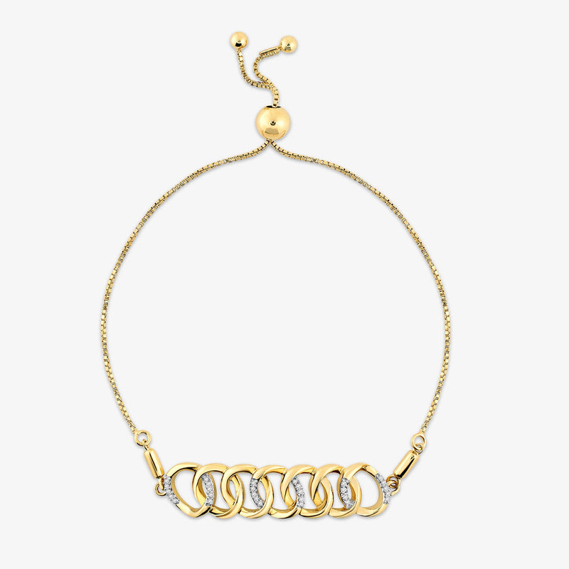 Gold-tone bolo bracelet with round end beads and diamond-set link row