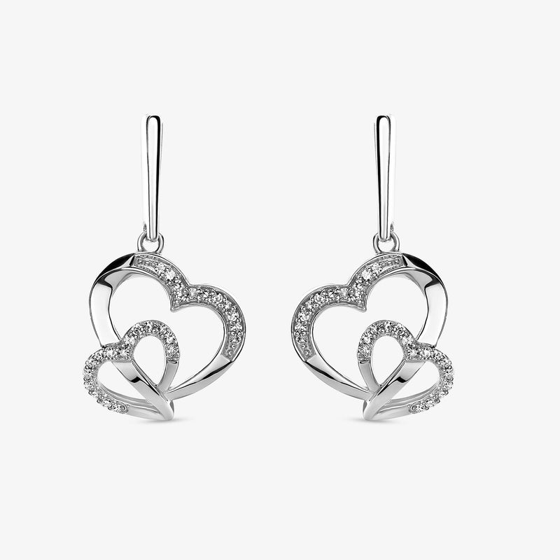 Tangled heart drop earrings in silver-tone with pavé sparkle and dangling hearts