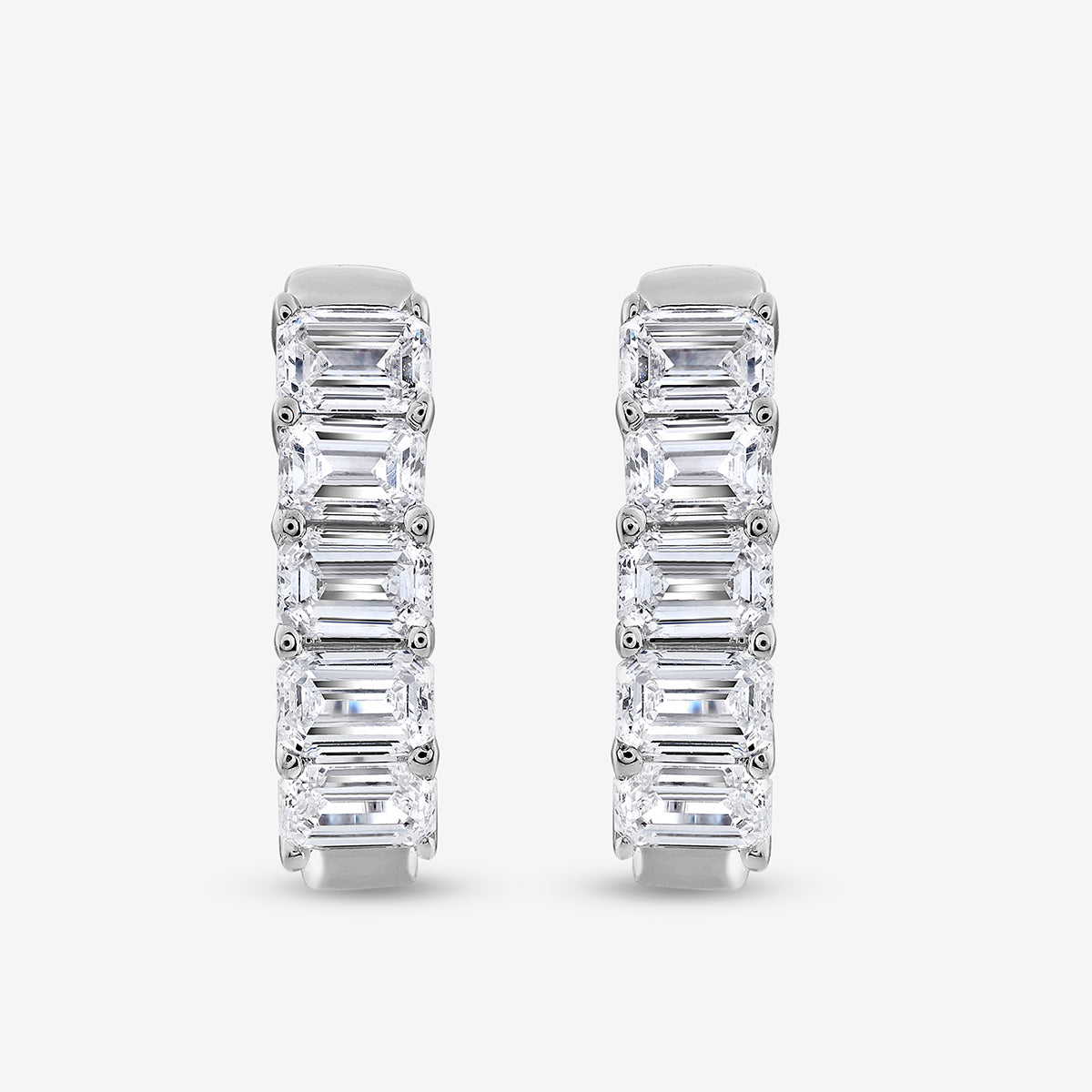 ELYSIAN Hoop Earrings by Keemti Jewels: silver diamond hoops with baguette-cut gems, channel set on white background.