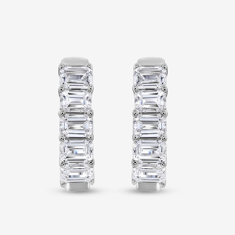 ELYSIAN Hoop Earrings by Keemti Jewels: silver diamond hoops with baguette-cut gems, channel set on white background.