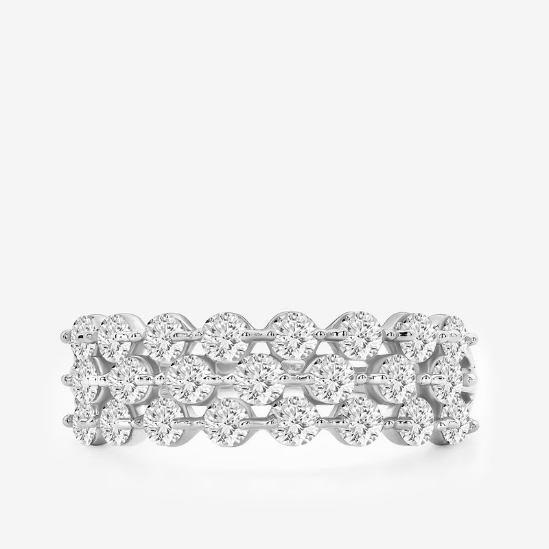 Triple-row diamond ring with three rows of round stones, silver vermeil plating