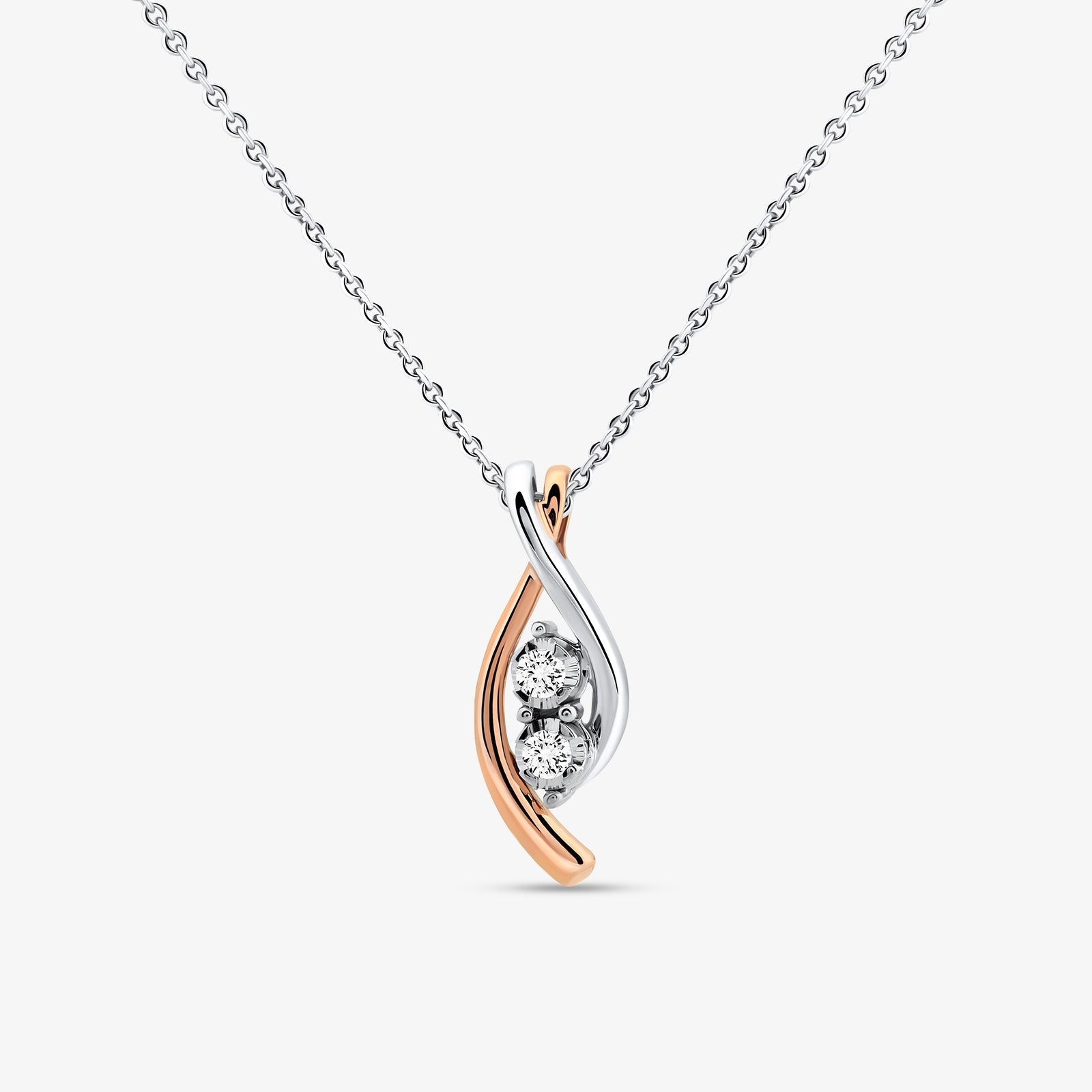 Swirl Diamond necklace pendant, teardrop with two round stones, silver 925, rose gold