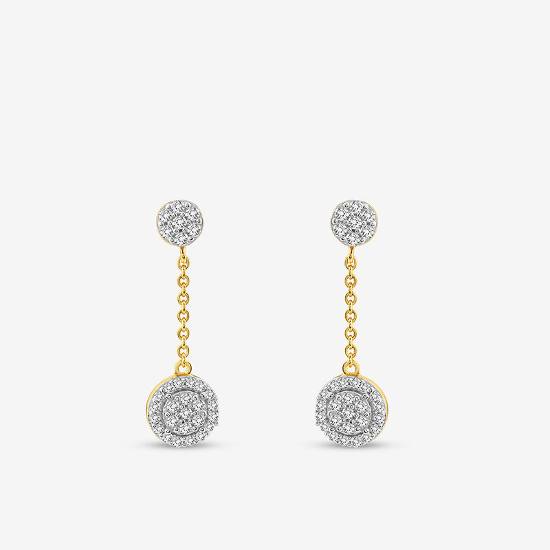 ORBIT Glow Dangler EARRINGS by Keemti Jewels: double-halo diamond dangles with gold circles linked by a short chain.