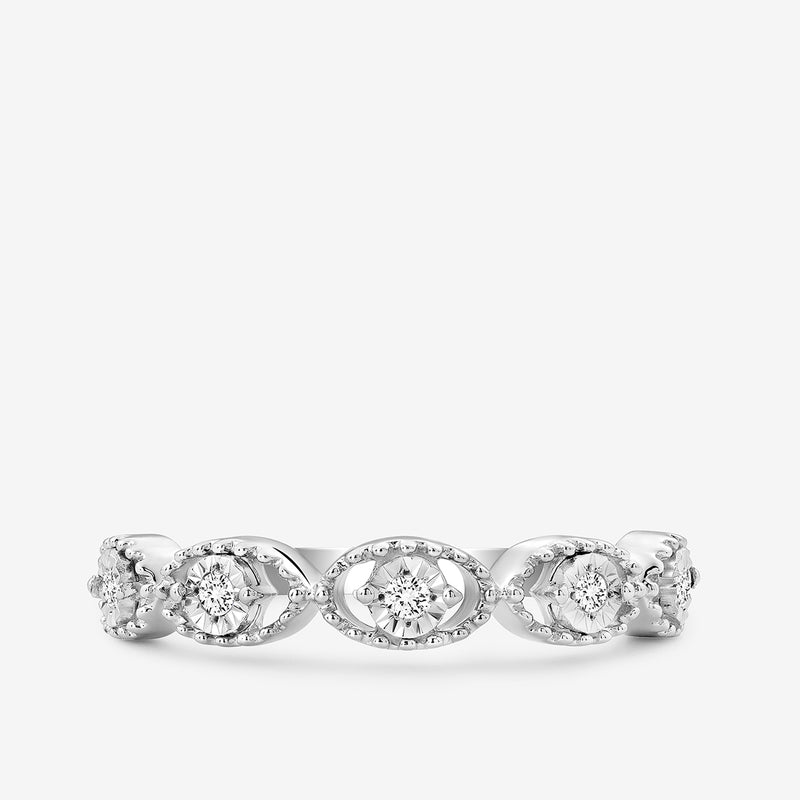 Keemti Jewels MARQUISE Link Band Ring with five round diamonds in marquise and circular patterns on silver.