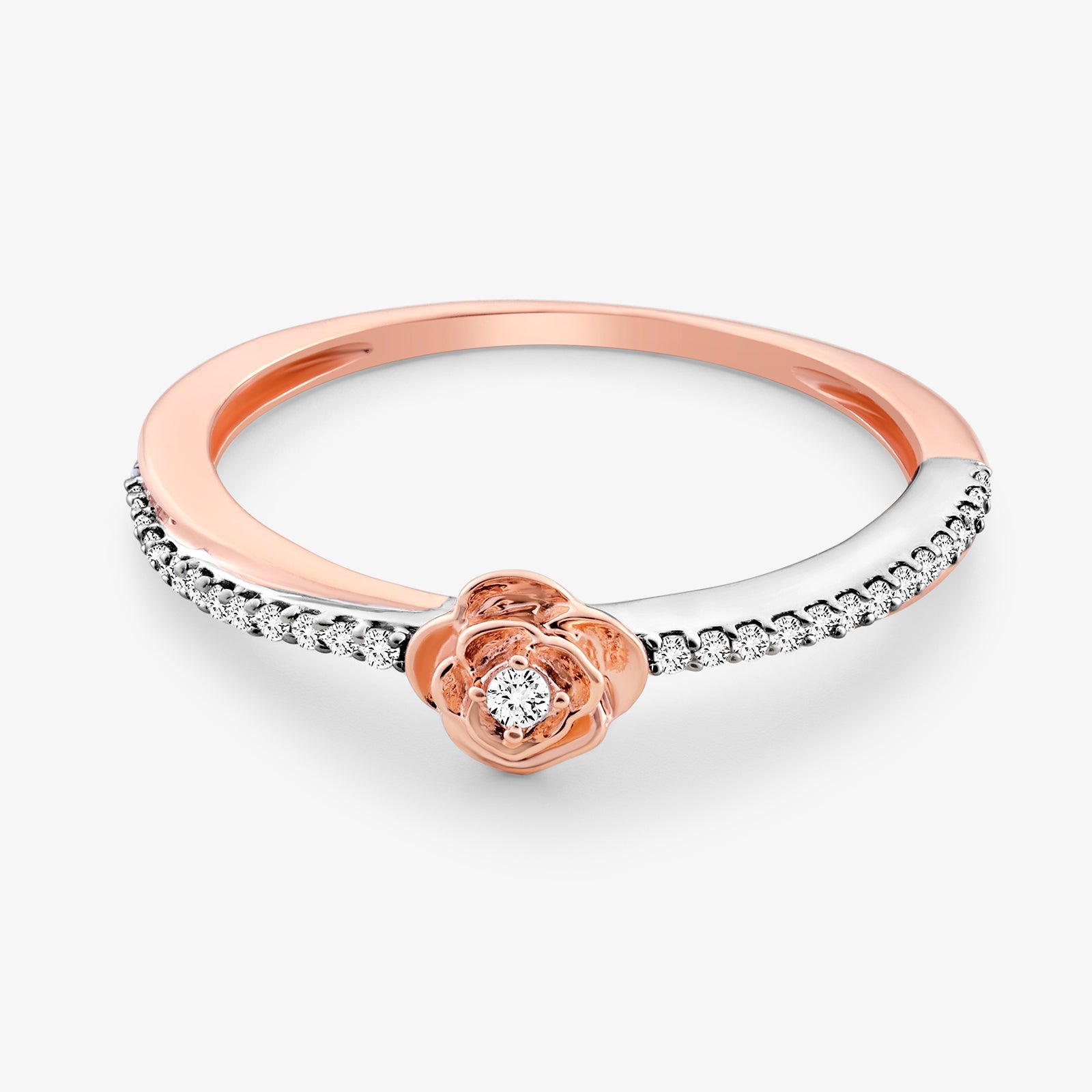 Blush Promise ring in rose-gold and silver with round flower setting, pavé sides
