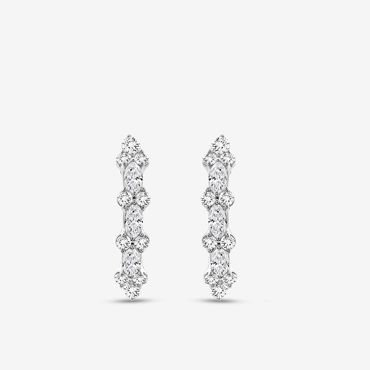 Keemti Jewels ELARA Shine Hoop Earrings: white gold, curved design with marquise  round diamonds.
