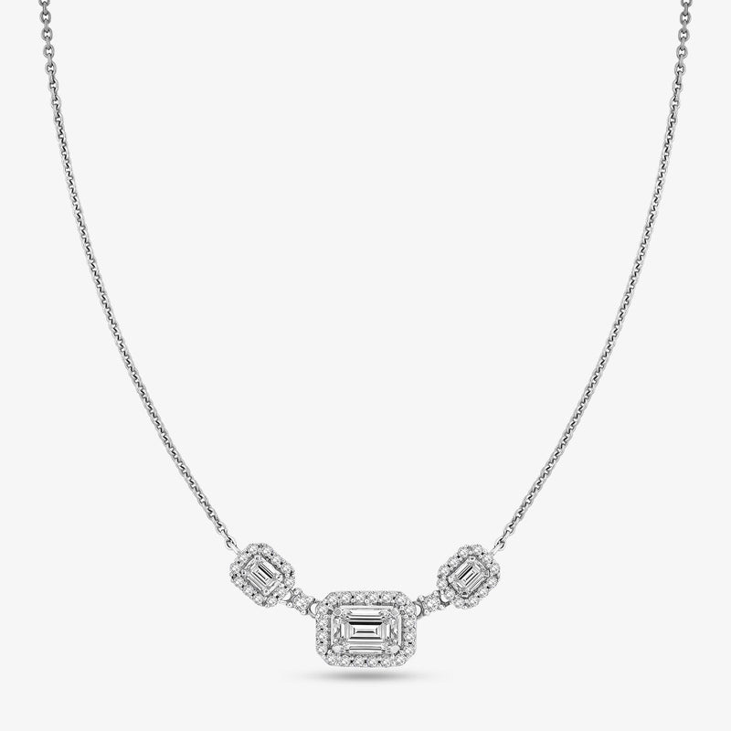 Silver-tone geometric necklace with three emerald-cut stones: center and two side squares
