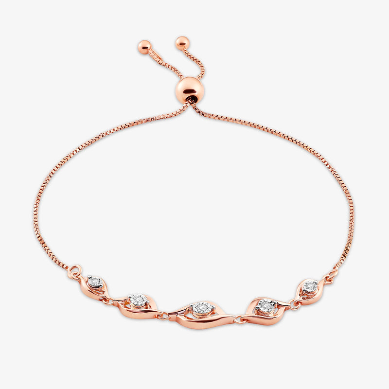 Rose gold leaf bolo bracelet with three oval pavé crystal stations and chain links