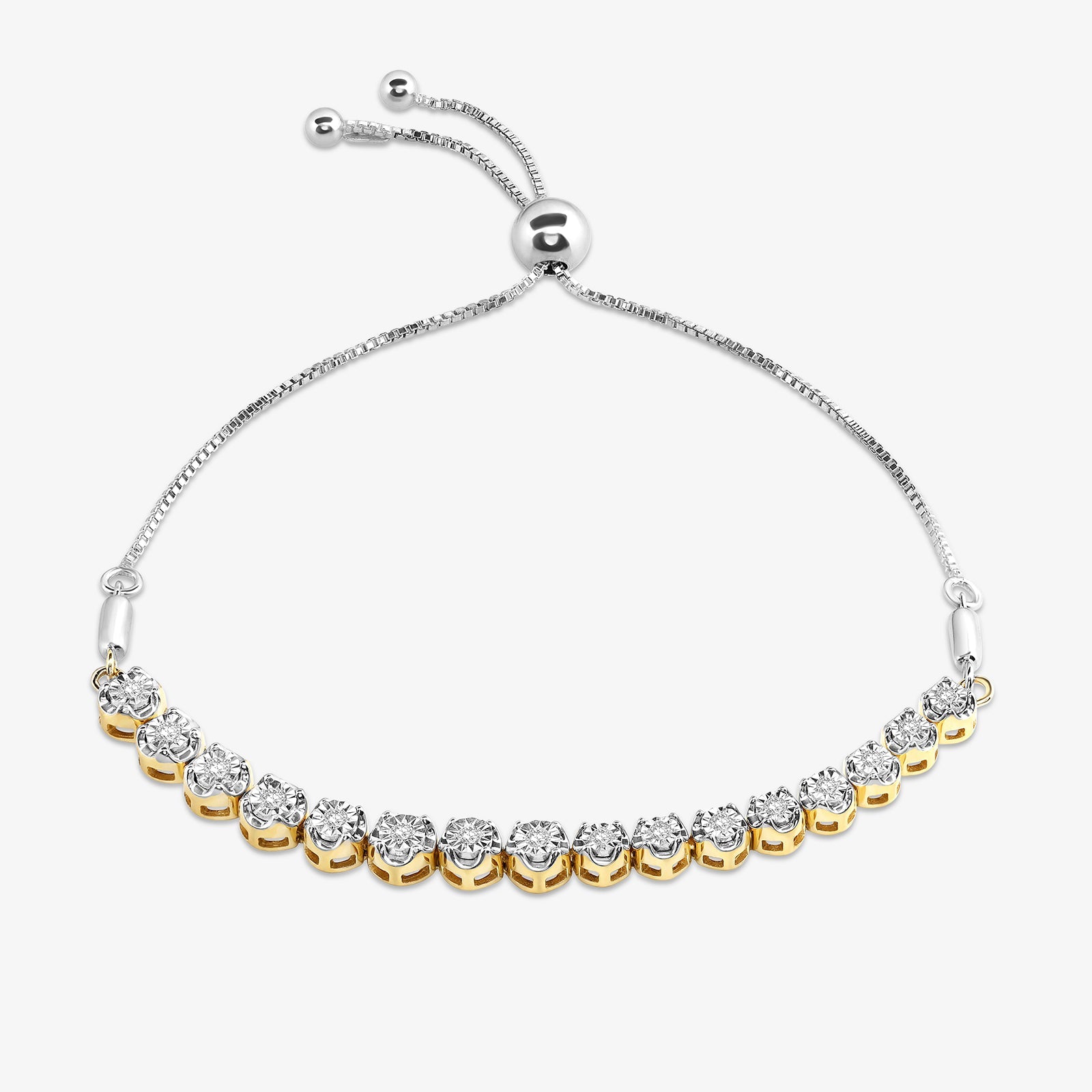 DUAL Tone line bolo bracelet, alternating gold bezel stones and silver links, 0.75 ct