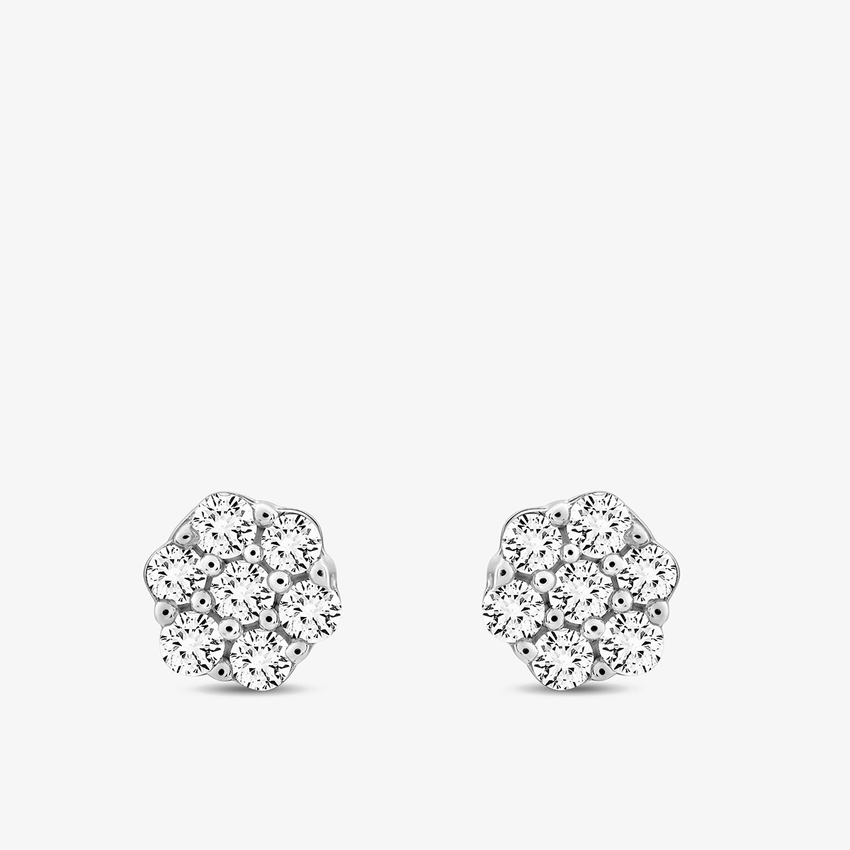 Keemti Jewels' CLASSIC Spark Stud Earrings feature a silver cluster design with layered, flower-like diamonds, elegantly displayed on a plain white background.