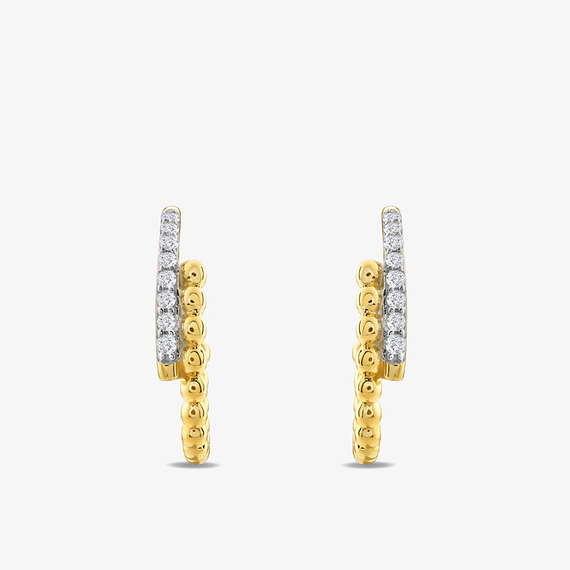 The SHIFT Bar Hoop Earrings by Keemti Jewels feature yellow-plated hoops with round diamonds set along the front and gold beads on the lower half, offering everyday elegance. Shown on a white background.
