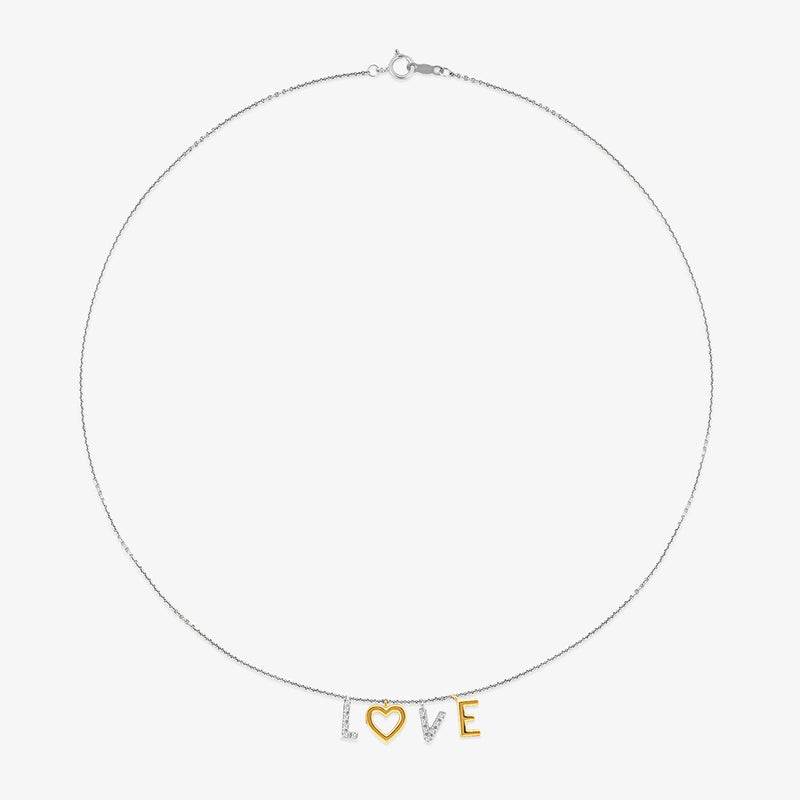 Keemti Jewels' TWIN-TONE Love Charm NECKLACE features a gold heart "O" and silver letters with sparkling stones.