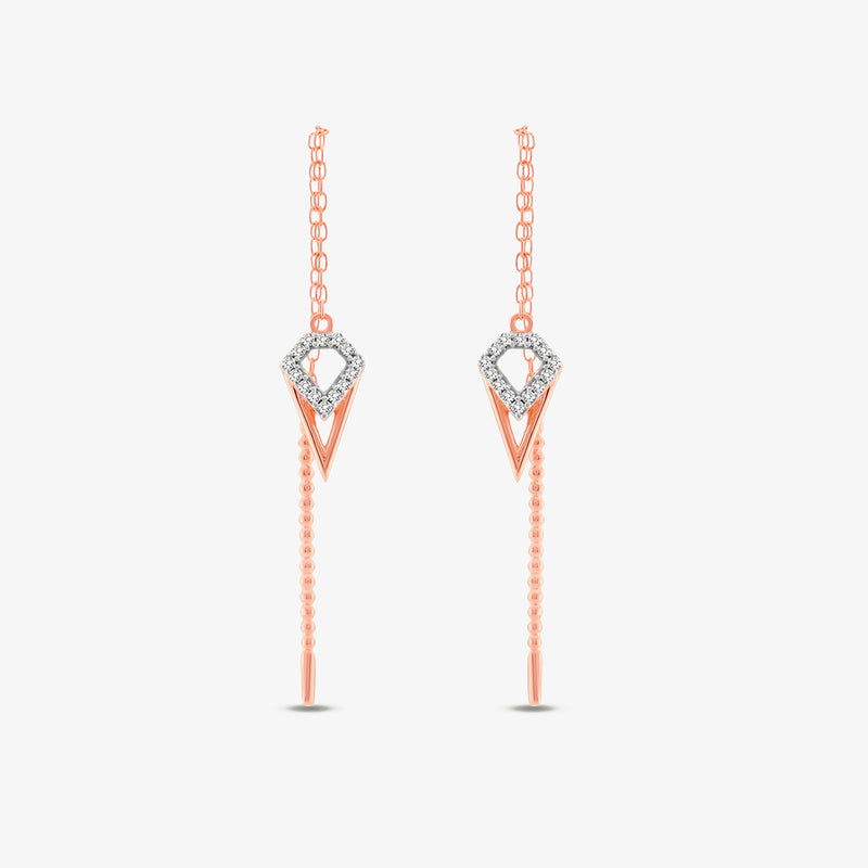 Keemti Jewels VOGUE Sui Dhaga earrings: rose gold, V-shaped danglers with clear stones for modern jewelry lovers.