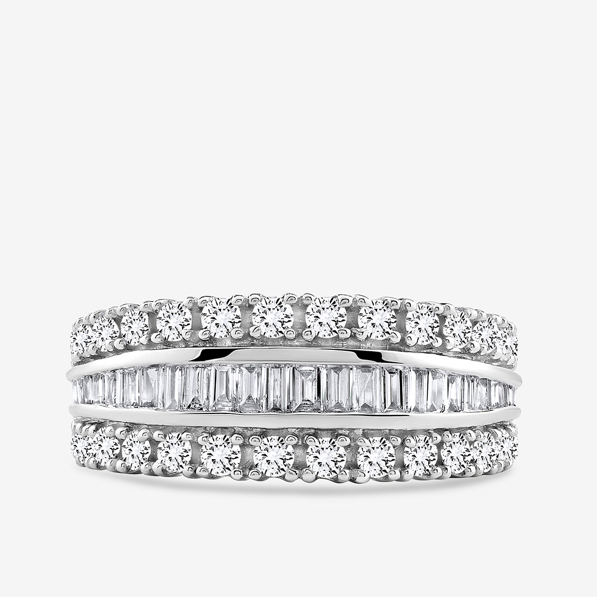 Keemti Jewels LAYERED Spark Diamond BAND: white gold band with round and baguette diamonds in triple rows.