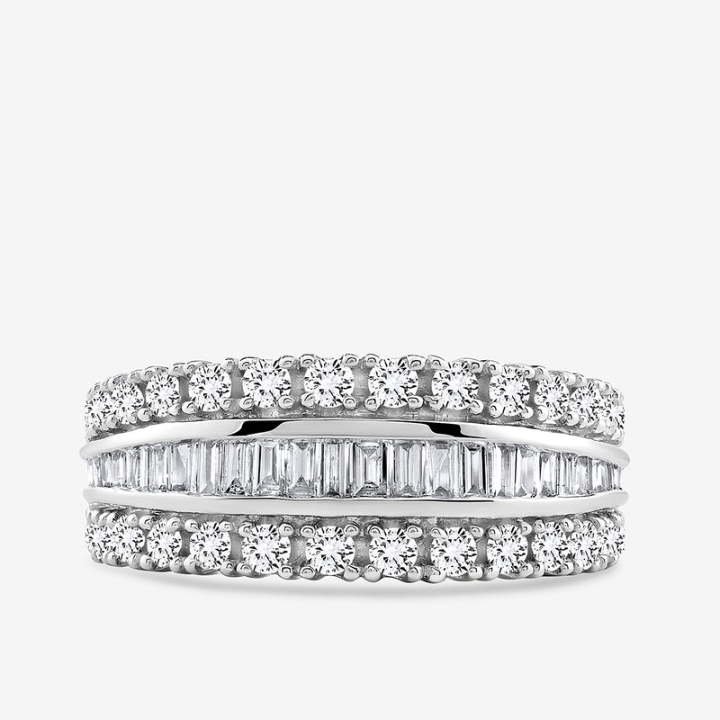 Keemti Jewels LAYERED Spark Diamond BAND: white gold band with round and baguette diamonds in triple rows.