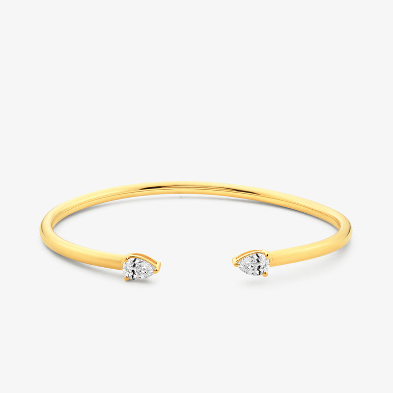 PEAR Luxe BRACELET by Keemti Jewels: polished open band with two small diamonds on each end, on white background.