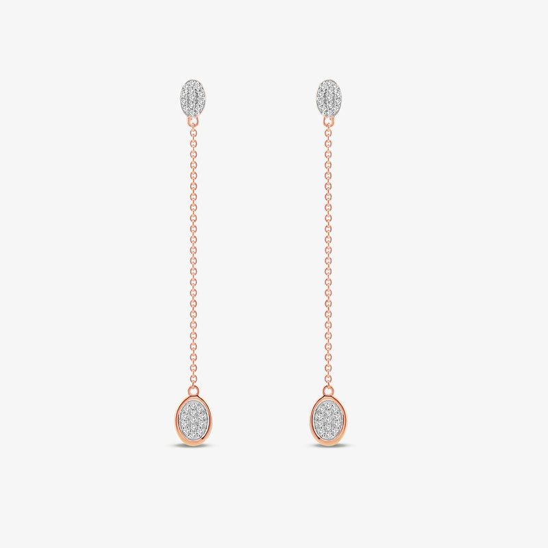 Keemti Jewels AMARA Round Dangler Earrings in rose gold with oval diamond studs, shown on white background.
