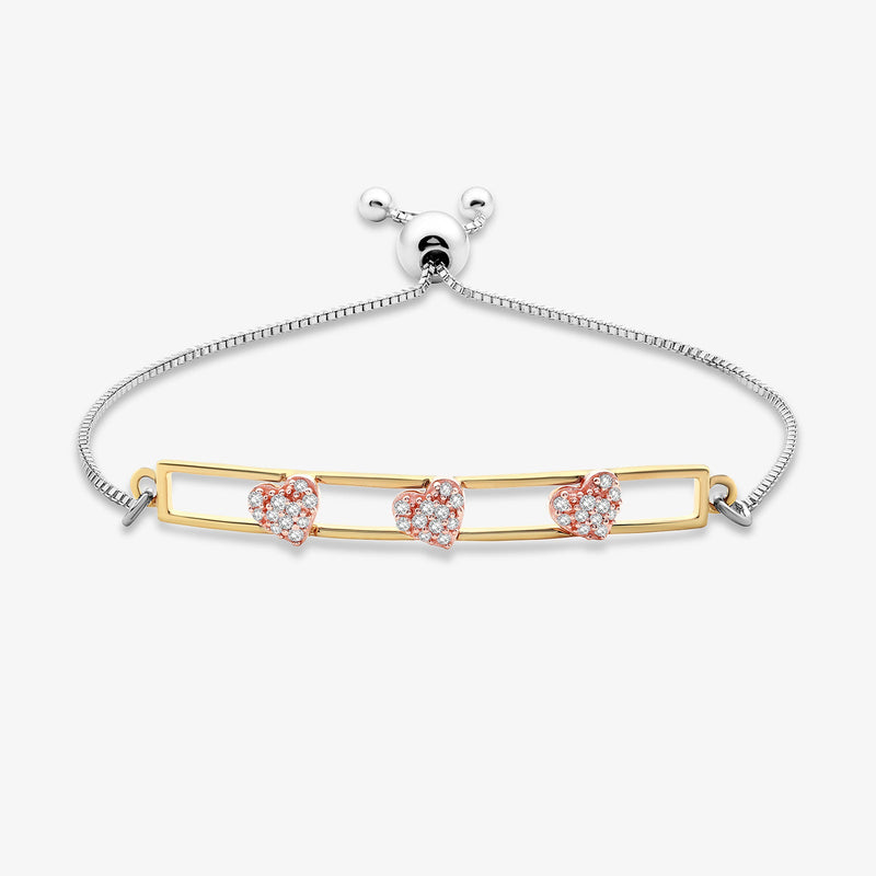 Bolo bracelet with gold bar and three heart pavé stones