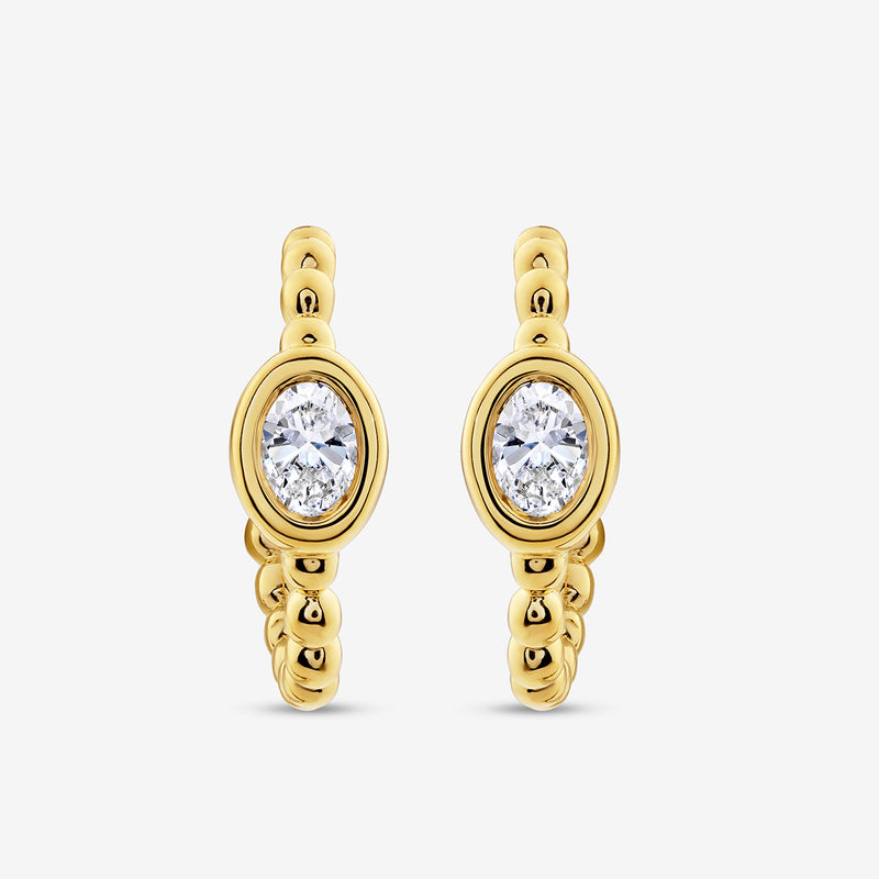 Oval hoop earrings with clear oval stone, gold vermeil finish, beaded accents