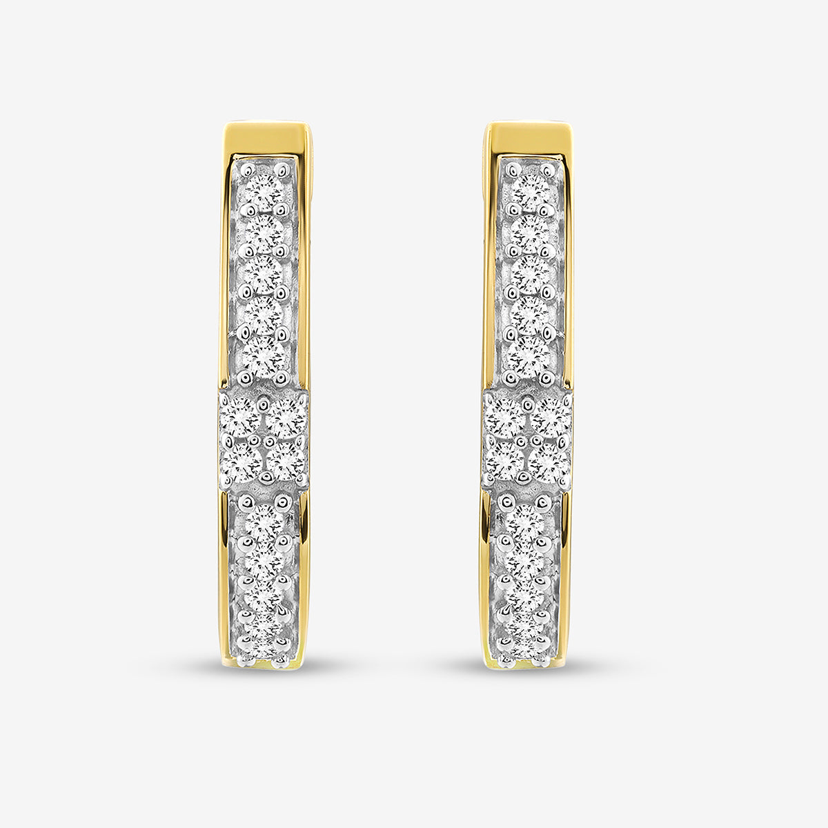 Keemti Jewels’ VIVA Shine Hoop Earrings feature rows of white diamonds, shown elegantly on a white background.