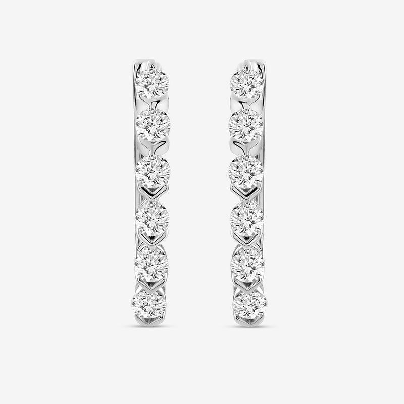 Vertical halo hoop earrings with five round stones, silver-tone finish, hoop profile