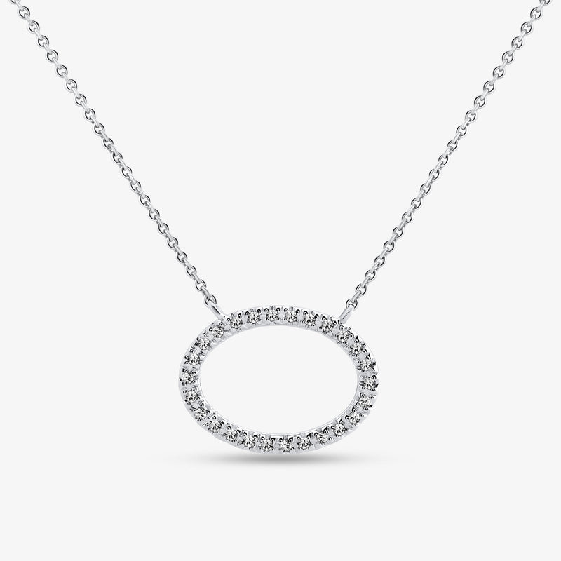 Oval halo pendant necklace, silver 925 with sparkling round stones on oval ring