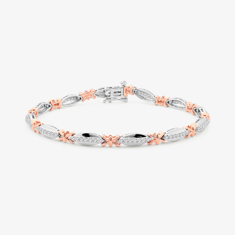 The MARQUISE Bloom BRACELET by Keemti Jewels features marquise links and X accents in silver and rose gold.