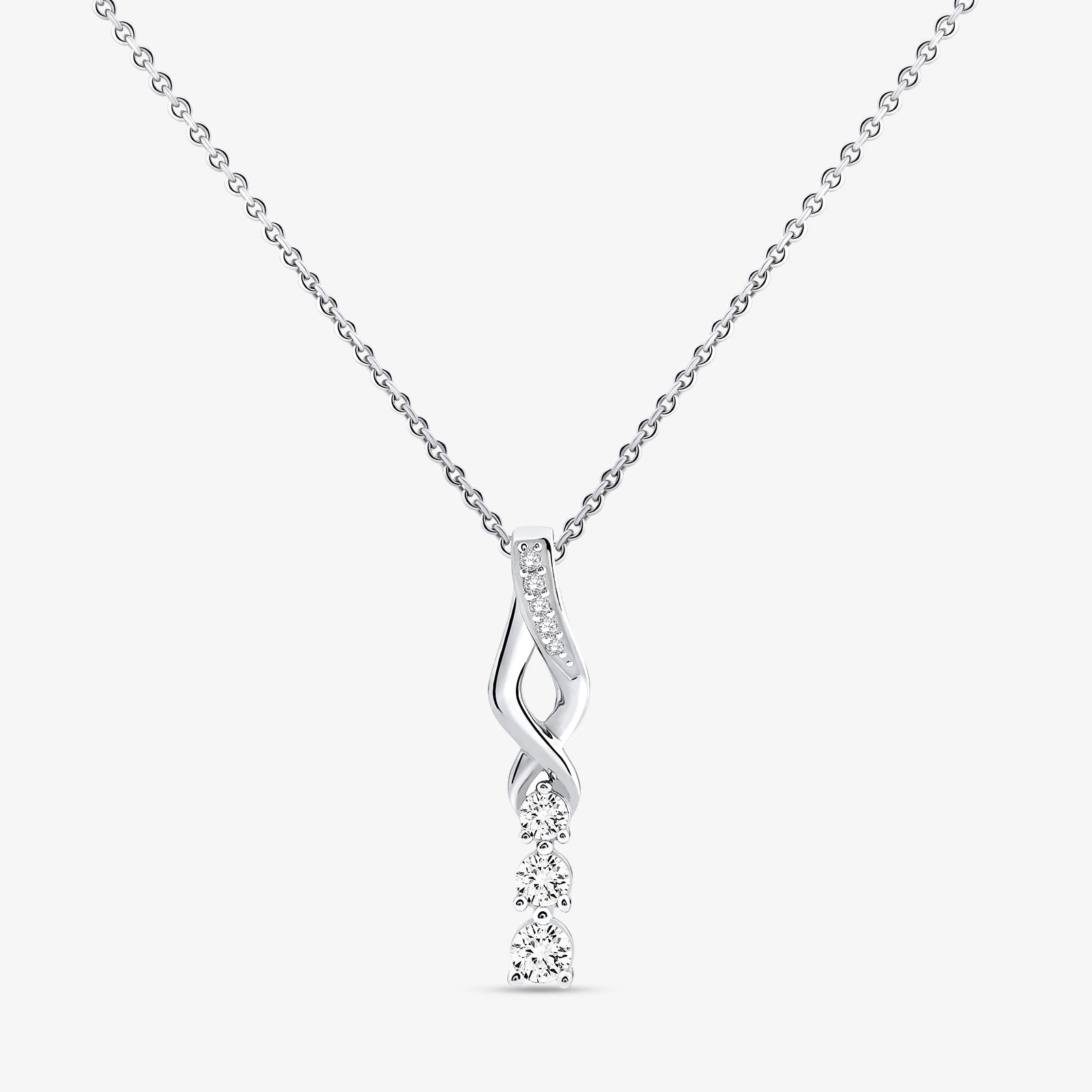 Three-stone twirl drop necklace: silver-toned swirl pendant with three gemstones