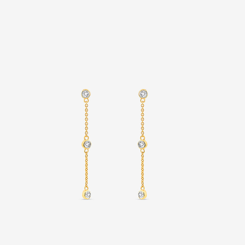 TRIO Trail Dangler Earrings by Keemti Jewels: gold chain drop earrings with bezel-set diamonds on a white background.
