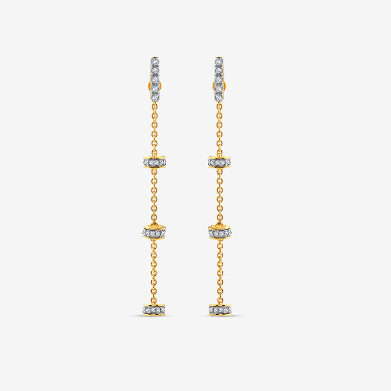 Keemti Jewels TRI-CHARM Dangler Earrings feature four bezel-set diamonds along each gold chain, on a white background.