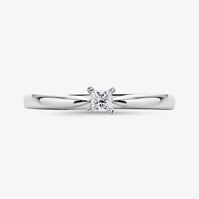 Princess-cut diamond ring, 0.75 ct, silver-tone band with central four-prong stone