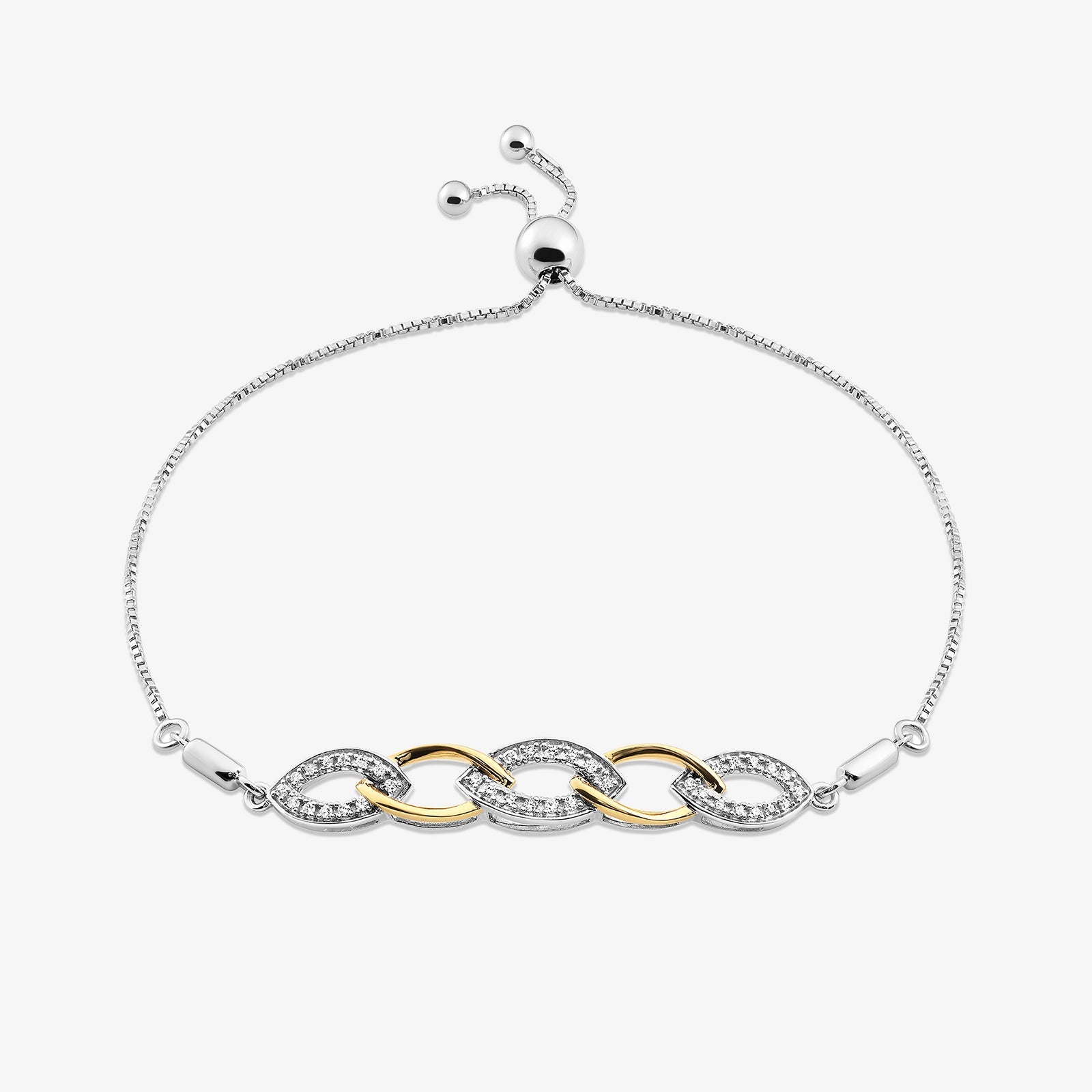 Two-tone interlinked bolo bracelet in sterling silver 925, pavé oval links