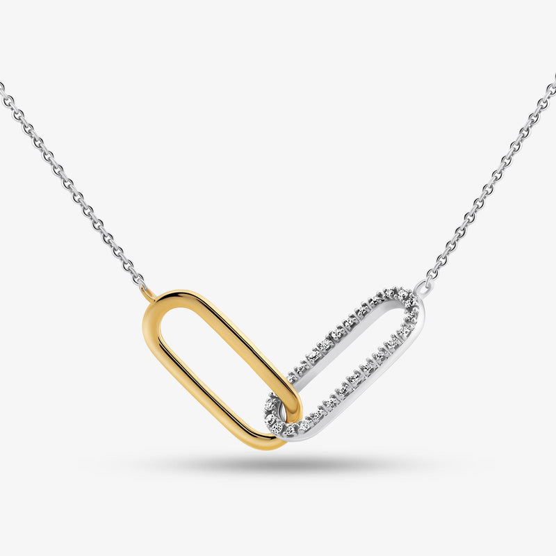 Infinity-link pendant necklace: gold oval frame, pavé silver border, 925