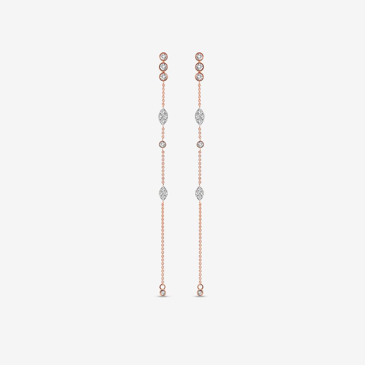 Keemti Jewels’ TWINKLE Glow Sui Dhaga Earrings: rose gold drops with bezel diamonds for everyday elegance.