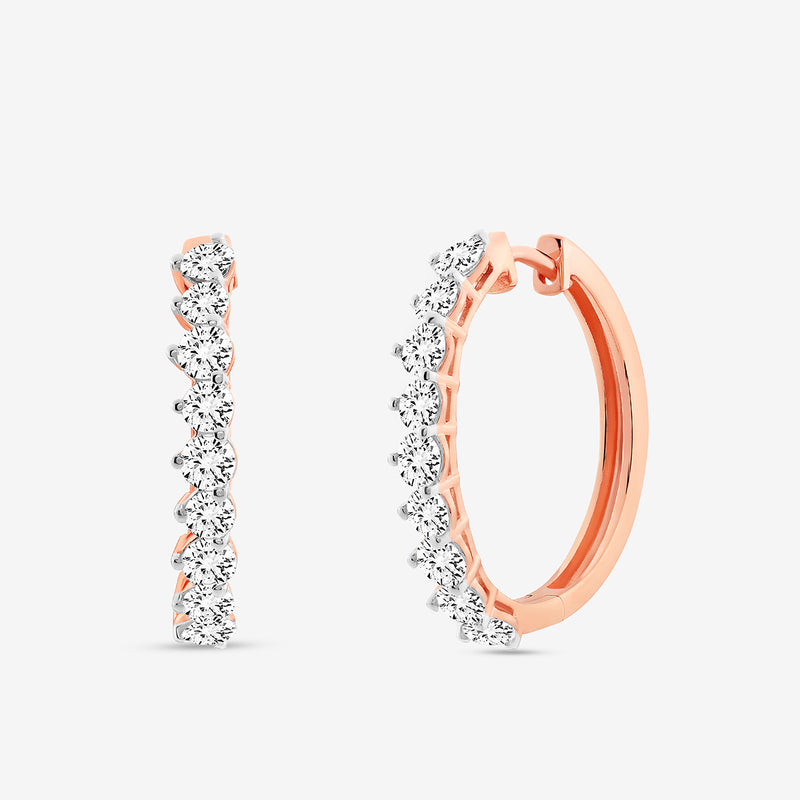 Keemti Jewels LINEAR Weave Huggie Earrings in rose gold with round white stones, shown from side and front views.