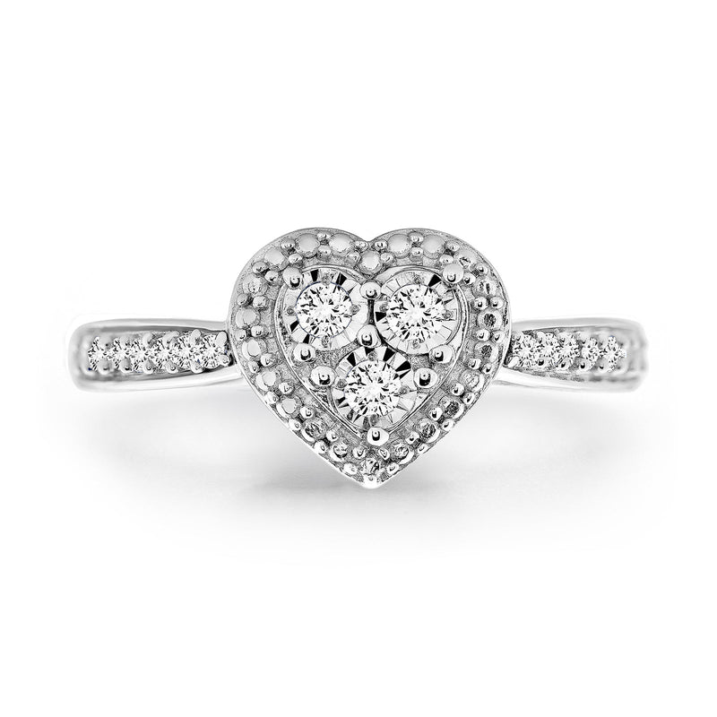 Heart-shaped halo ring with three round stones and pave band, silver tone