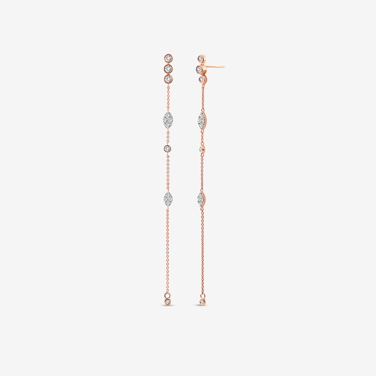 Keemti Jewels TWINKLE Glow Sui Dhaga earrings: long rose gold drops with bezel-set diamonds for everyday elegance.