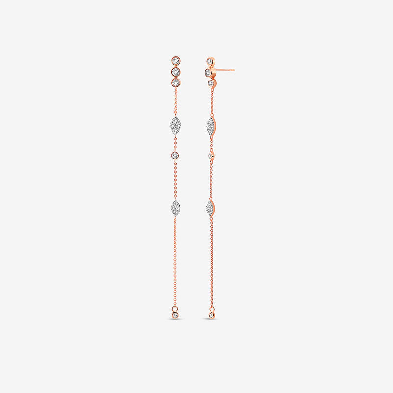 Keemti Jewels TWINKLE Glow Sui Dhaga earrings: long rose gold drops with bezel-set diamonds for everyday elegance.