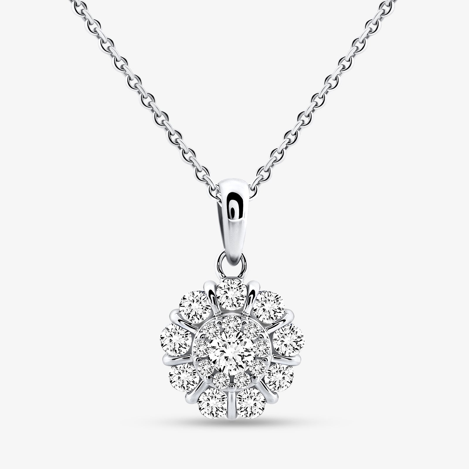 Daisy Glow Diamond necklace pendant: daisy-like cluster with central round stone, silver