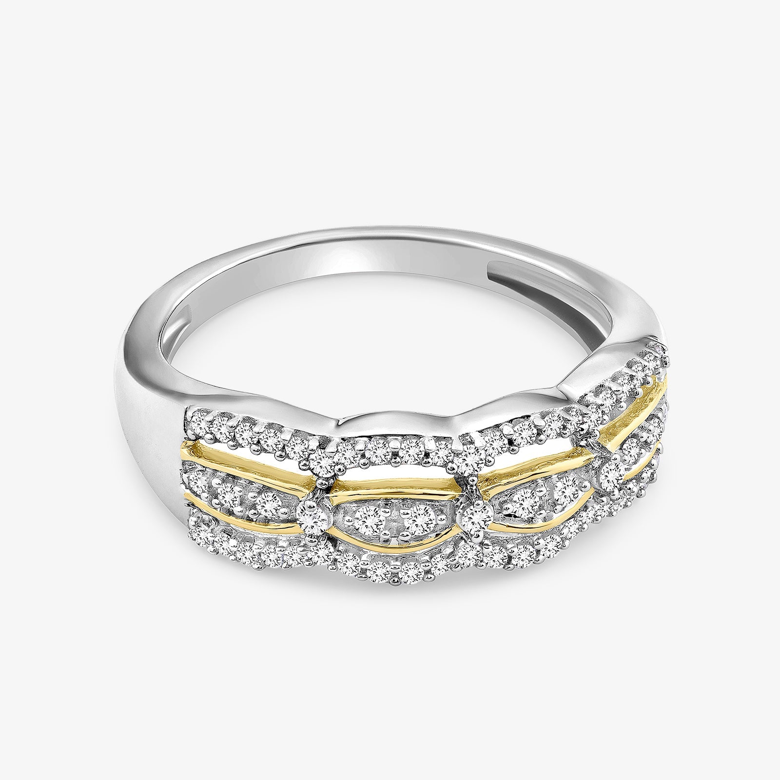 Silver ring with interlinked oval links, alternating pavé rows and gold-toned bars