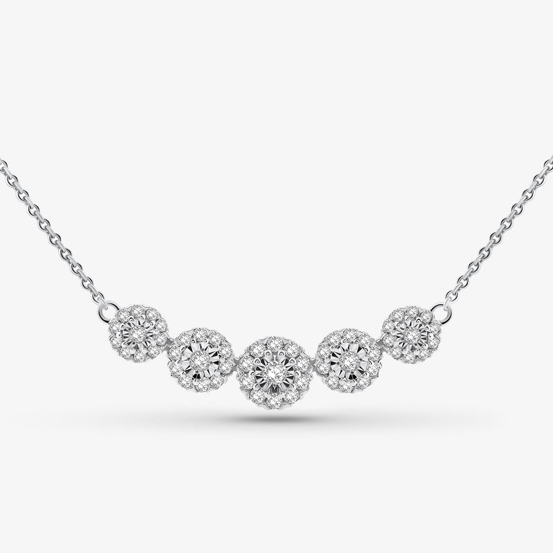 Floral cluster curve necklace with seven round stone clusters on a fine chain
