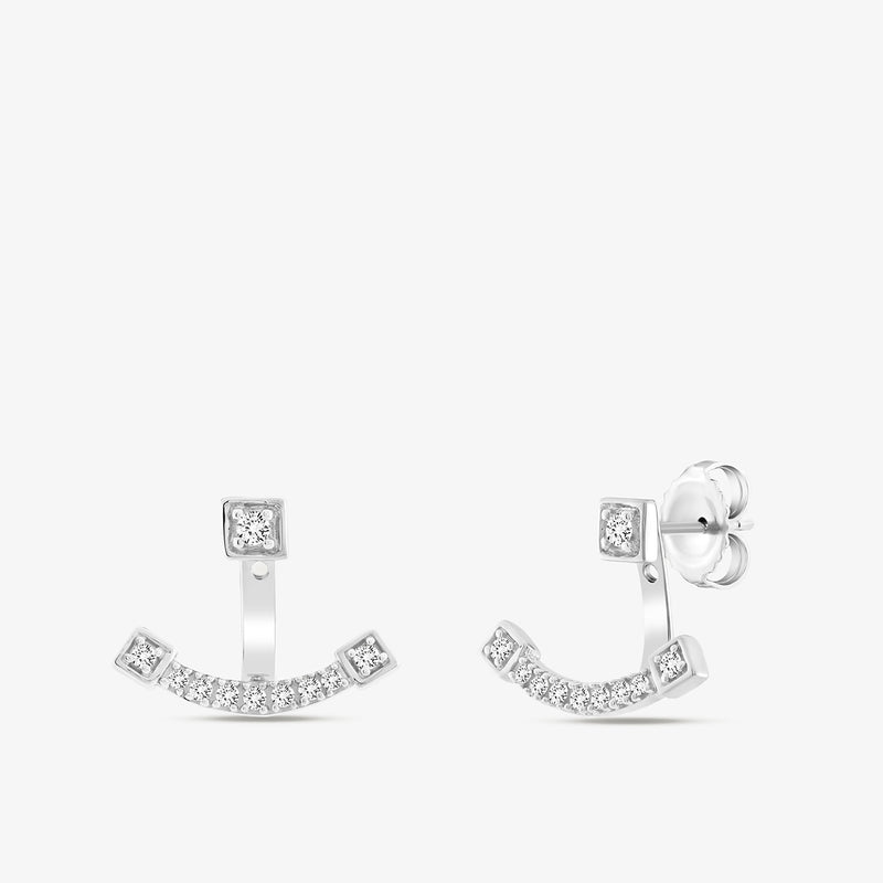 ELEGANZA Ear JACKETS by Keemti Jewels: silver geometric earrings with square  round clear stones in an arc shape.