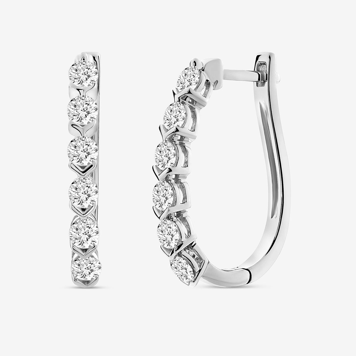 Hinged back vertical halo hoop earrings with five round stones, silver-tone finish