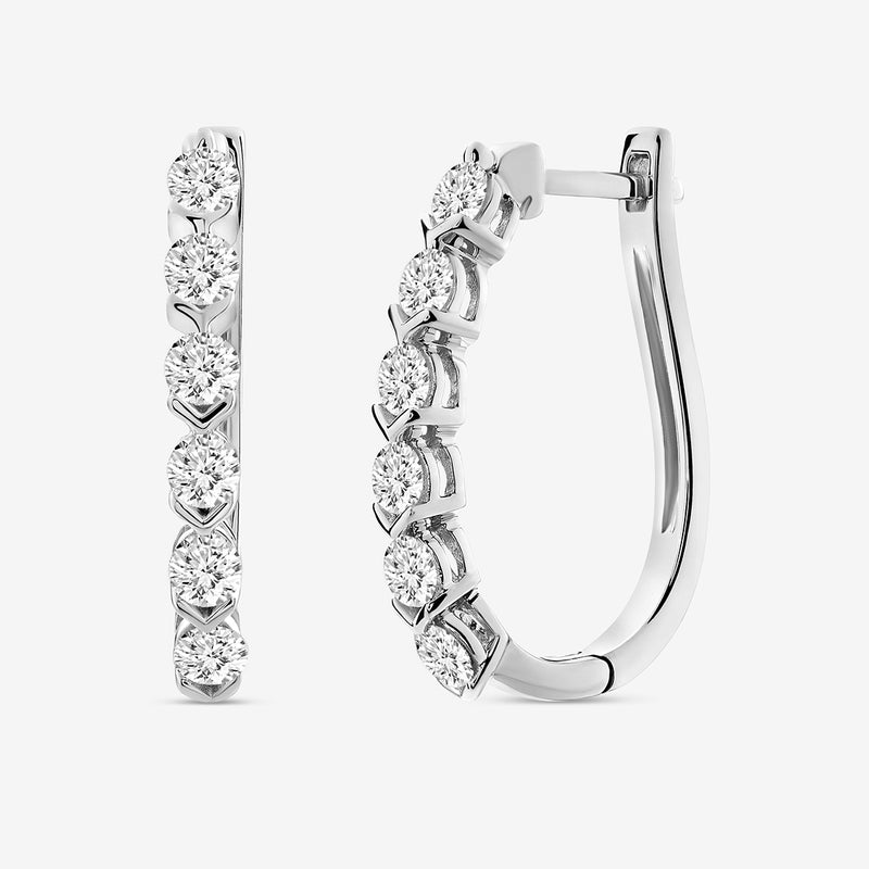 Hinged back vertical halo hoop earrings with five round stones, silver-tone finish