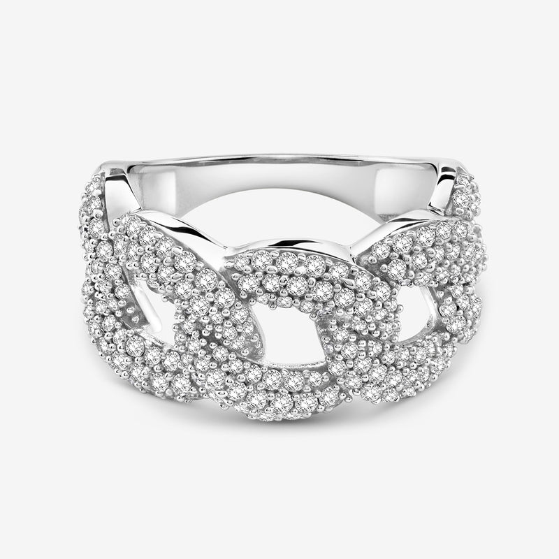 Keemti Jewels’ STATEMENT Link Eternity Ring features interlocking silver links with sparkling diamonds in front.