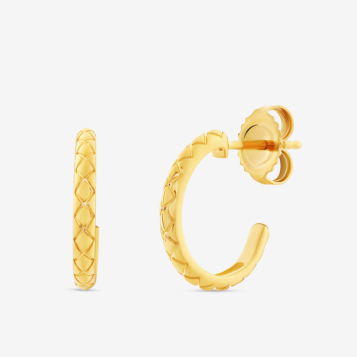 The Keemti Jewels AURA Light Hoop Earrings are small gold hoops with an elegant quilted lattice pattern, displayed from the side and front on a plain white background.